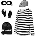 Alaiyaky Robber Costume Kids, Burglar Costume Kids Black White Striped Dress Up Prisoner Costume with Beret Black Mask Gloves Swag Bag, Thief Costume for Halloween World Book Day