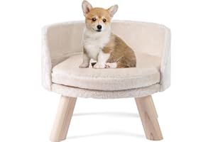 COSTWAY Elevated Dog Sofa Bed, Pet Couch with Removable & Washable Cushion, Sturdy Wood Legs, Puppy Kitty Lounge Chair Furniture for Small Dogs Cats (Beige)