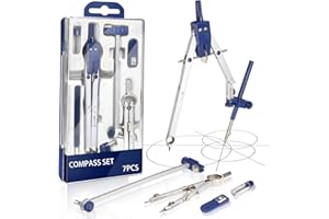 WISONU Juego de 7 Compas Dibujo Tecnico Profesional, Compás Escolar de Precisión con Rueda de Ajuste, Ideal para Estudiantes y Maestros, Azul/Metálico
