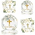 Greenery God Bless Decoration Tableware Set Green and Gold Baptism Theme Paper Plates for Baby Shower First Holy Communion Party Supplies (God Bless)