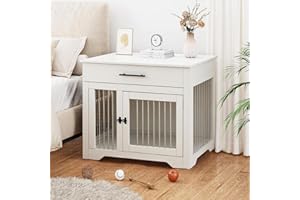 The Fellie Dog Crate Furniture, Wooden Pet Kennel with Drawer Storage, Lockable Indoor Dog Crate, Medium Dog House Furniture 2 Doors, Wood Animal Crates Table for Small Dogs, 80 * 58 * 75CM, White