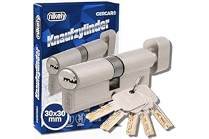 GERCAR Pro Knaufzylinder 30/30 Massiver Schließzylinder mit Knauf Zylinderschloss Türschloss - aus Messing Matt Vernickelt - inkl. 5 Schlüssel - Wendeschlüssel - Länge: 60 mm, A:30 B:30-1x