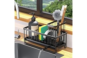 PRZRAO Organizador de Fregadero para Almacenamiento en Cocina y baño, Soporte Esponjas Fregadero de Cocina, Soporte Fregadero Acero Inoxidable con Bandeja de Goteo Extraíble y Drenaje para Encimera