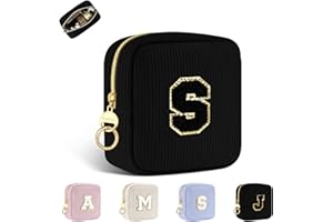 PLAYEXEN Neceser Maquillaje para Niña Mujer Personalizado Inicial Bolsa de Cosméticos de Viaje de Tejido de Pana Multifuncional Bolso de Aseo Estuche Maquillaje Regalo Cumpleaño Navidad Amiga Niñas Negro S