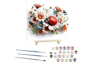 EOBROMD Peinture par Numero Adulte Fleurs,Kit de Peinture à l'huile sur Toile Bricolage avec Cadre en Bois et Chevalet, Coccinelle Peinture Sans Plis Toile pour Décoration de la Maison 30x30cm