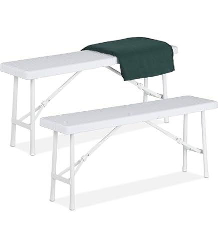 Set 2 Panche Pieghevoli In Resina - 183x25x44cm - Bianco - Con Gambe In Ferro