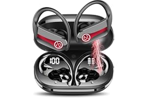 Btootos Cuffie Bluetooth Sport, Auricolari Bluetooth 5.3 con Mic Stereo, Cuffie Wireless con Ricarica Rapida USB-C, Cuffiette Bluetooth Doppio Display LED, Cuffie Senza Fili, Nero Rosso