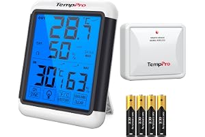 TempPro TP65C digital trådlös hygrometer för inomhus- och utomhusbruk | trådlös temperatur- och fuktighetsmätare med pekskärm, bakgrundsbelyst väderstation, 150 meters räckvidd(Tidigare ThermoPro)