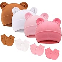 Set Bonnets Et Moufles DRESHOW Pour Nouveau-né 0-6 Mois - 4 Bonnets + 4 Paires Mitaines Coton