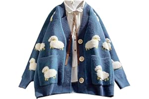 LOLOVI WANMEI Women Long Sleeve Knitted Cardigan Cartoon Sheep Print Single Breasted Sweater Coat Loose V-Neck Outwear with Pockets