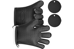 AUAUY Negro Guantes para Horno, Silicona Resistente al Calor 446 °F Manoplas Horno Antideslizantes, Guantes Horno Cocina con Dedos, Hornear Cocinar Barbacoa Microondas, 2 Manteles Aislados Oven Gloves
