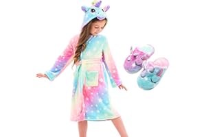 Piefry Unicorn Dressing Gown for Girls - Soft Hooded Robe Sleepwear With Slippers, Gifts for Girls