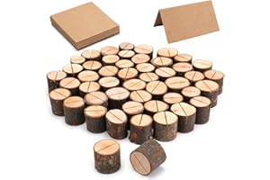 Tosnail 50 Set Wooden Place Card Holders with Kraft Paper Cards, Table Number Holders Photo Holder for Wedding Party Decoration (50 Holders+50 Kraft Paper)