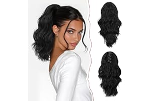 Sofeiyan 14'' Ponytail Extension Curly Clip in Claw Hair Extensions Natural Wavy Looking Synthetic Hairpiece for Women, Off Black