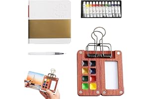 FANGEHONG 12 Farben Pocket Aquarell Set, Tragbare Aquarell Palette, Mini Aquarellkasten, Mini Aquarell Travel Set mit Binder-Clips, Skizzenbuch Palette aus Holz, Aquarell Malkasten Magnetpalette(8 Gitter)