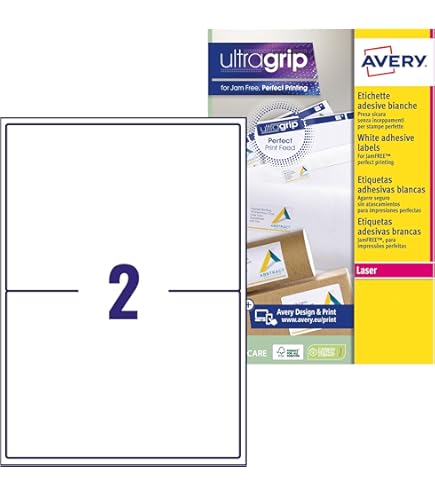 Étiquettes Adresse Avery JamFREE - 38,1x21,2 Mm - 65 Étiquettes/Feuille, 650 Étiquettes/Pack (L7651-10) - Blanches, Imprimables Laser