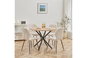 DEYARNA HOME Essgruppe 5-Teilig, 100cm Runder Esstisch und 4 Leinen-Esszimmerstühle, Esstisch und Stühle für 4 Personen, 4 Stühle & Tisch für Küche, Esszimmer und Wohnzimmer (Helle Holzfarbe+Khaki)