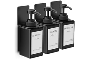 Anhow Lot de 3 Distributeur Savon Mural 450ml, Distributeur Savon avec Étiquettes No Perçage pour Cuisine et Salle de Bain - Noir