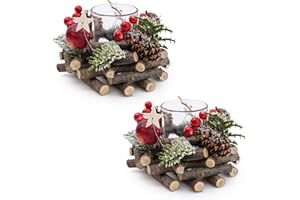 CAROUSEL HOME Set Of 2 Christmas Tealight Candle Holder | Christmas Candle Berry & Pinecone Table Centrepiece Decorations | Christmas Wreath Tea Light Holder Centrepiece For Dining Table