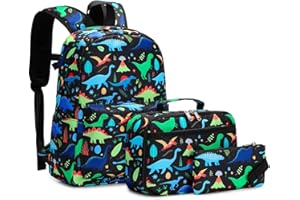 Cinlegar Children's Backpack School Backpack 3 in 1 School Bag Sets with Lunch Box and Pencil Case School Bag Teenager Backpack Girls Boys Children, Dinosaurs, Cartoon Dinosaur Theme