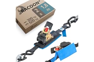 valonic RACOON - 2x 1,8m cinghie di fissaggio automatico, 25mm, 300/600 Kg, imbottito, EN-12195-2 - con gancio, con cricchetto, nero, per moto