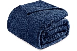 Exclusivo Mezcla Cuddly Blanket, Flannel Fleece Blanket with Leaf Pattern, 230 x 170 cm, Sofa Blanket for All Season, Fluffy and Warm, Navy Blue
