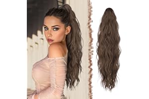 FESHFEN Coda Capelli Extension Pinza - Lunga Ondulato Coda Finta Capelli Riccia Coda di Cavallo Estension Sintetici Posticcio Ponytail per Donne, 63 cm Marrone Castagno