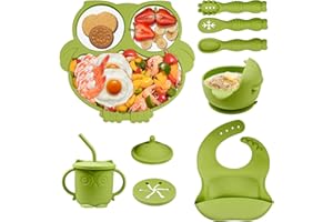 Hovineumoo Set Pappa Svezzamento Bambini Silicone, 9 Pezzi Set Svezzamento Silicone Piatto con Ventosa Ciotola Cucchiaio Bavaglino, Antiscivolo Bimbo Set Prima Pappa per Bambino (doppio verde)