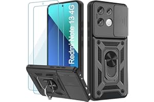 Yohii Coque pour Xiaomi Redmi Note 13 4G (Pas pour 5G) avec 2 Pièces Verre Trempé, Lentille Coulissante Couverture, Support 360° Rotatif Militaire PC Armor Etui, Noir