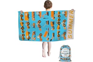 Rowjoy Telo mare escavatore gru, telo mare per bambini, 60 x 120 cm, in microfibra, senza sabbia, ad asciugatura rapida, asciugamano da viaggio, nuoto, telo doccia per bambini (camion giallo)