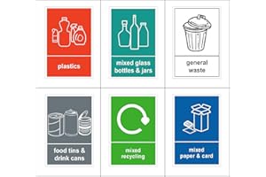 Mixed Pack of 6 Multi Recycling Stickers for Bin (A6-100 x 150mm) Waterproof Recycling Bin Stickers Waste Bins, Food, Plastics, Mixed Paper and Card, Glass and General Waste Sara Prints®