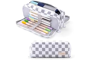 KASTWAVE Large Pencil Case, Checkered Pencil Pouch, Big Capacity 3 Compartments, Portable Pencil Box for Kids, Grey Preppy Pencil Case, Canvas Pencil Pouch for Teen Boys Girls School Students