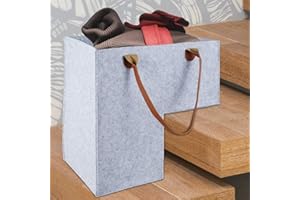 TOABOA Panier d'organisation d'escalier en feutre - Pliable en forme de L avec poignées en cuir synthétique - Panier d'escalier en feutre - Pour linge, jouets, articles ménagers (gris clair)