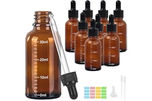 Dyiouxin Flacone Contagocce,8 Pezzi Contagocce Vetro 30ml,Flaconi di Vetro Ambrato,Mini Bottiglie Contagocce,con 2 Imbuti 2 Pipette Contagocce 1 Adesivo,per Laboratorio,Olio Essenziale,Aromaterapia