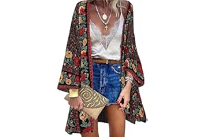 TBSCWYF Mujer Cárdigan Gasa Vestido de Playa Floral Kaftan Bohemia Pareos y Camisola Manga Larga Kimono Largo Traje de Baño Bikini Cover up Verano Vestido de Playa Mujer Camisa Beach Cuello en V Bikini