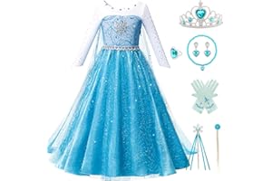 Kitimi Elsa Kleid Prinzessin Kleid Mädchen mit Krone Zauberstab Halsketten, Eiskönigin Elsa Kostüm Mädchen, Abendkleid Lang Elsa Prinzessin Kostüm für Weihnachten Cosplay Karneval Geburtstag Party