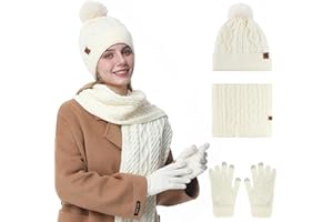 Oneshlee Berretto invernale con touch screen e sciarpa lunga per donna, berretto lavorato a maglia da donna, con palla di peluche, caldo berretto invernale, guanti a maglia, sciarpa, berretto 3 in 1,