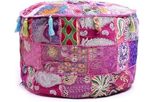 Aakriti Gallery - Copri pouf rotondo in stile etnico indiano, rivestimento decorativo indiano in cotone ricamato per poggiapiedi, solo federa (46 x 33 cm) rosa