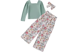 Momkonzz Girls Clothes Kids Outfits Children Long Sleeve Tshirt Sqaure Neck Tops Floral Trousers 5-12 Years
