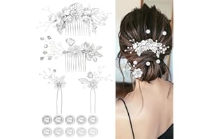 SUBTAVIK 4er-Set Hochzeits-Haarschmuck für Damen, elegante Braut-Haarnadeln mit Blumenmotiven und 10 Spiral-Perlen-Haarnadeln für Bräute, Brautjungfern und Mädchen (Silber)