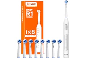 BITVAE Cepillo Electrico para Adultos y Niños, Cepillo de Dientes Eléctrico Giratorio con 8 Cabezales, 60 Días de Duración de la Batería, 5 Modos, Bianco