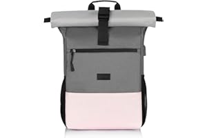 RJEU Plecak Rolltop Women, plecak na laptopa do laptopa 17,3 cala, plecak szkolny dla nastolatki z portem ładowania USB do pracy, uniwersytetu, szkoły, podróży, plecak sportowy (różowy szary-26L)