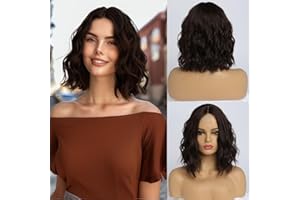 ‎SIMKAYLEE Simkaylee Dunkelbraune Haare Locken Perücke für Frauen Perücke Dunkelbraun Kurz Damen Perücke Bob Braun Wellig Schulterlang Mittelscheitel Perücken Täglichen Gebrauch Dark Brown Wig Short (36cm)