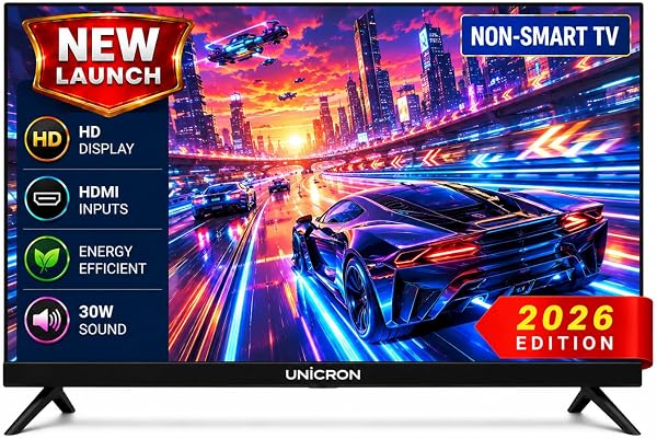 UNICRON TE 24 Inch Non Smart LED TV with 30W Sound Output, Slim Design Clear HD Display with HDMI & USB Ports, Ideal for Security, Office, Gaming & CCTV Monitor