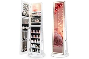 Multigot 3-in-1 Jewellery Cabinet with 3-Color LED Lights, 360°Swivel Lockable Jewellery Armoire with Full-Length Mirror and Rear Shelves, Freestanding Cosmetic Storage Organizer (White)