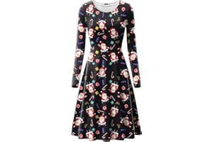 Love My Fashions® Womens Christmas Dress Casual Long Sleeve Round Neck Party Dress for Women Kissing Reindeer Santa Snowman Snowflake Flared Xmas Costume Swing Skater Mini Novelty Outfits
