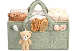 Komergave Wickeltasche Organizer, Wickel Organizer Unterwegs, Tragbarer Wickelkorb mit Herausnehmbaren Fächern, Wickeltasche Unterwegs, Aufbewahrungskorb Baby für Wickel und Babysachen(Grün)