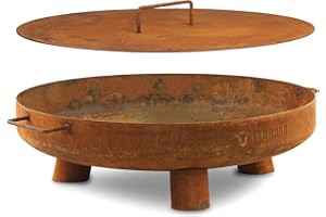 BBQ-Toro Acier inoxydable Ø 60 cm avec couvercle | Aspect rouille | Brasero d'extérieur avec trois pieds et deux poignées, Brasero pour le jardin, Brasero, Garden Fire Pit, Fire Bowl, Bac à feu