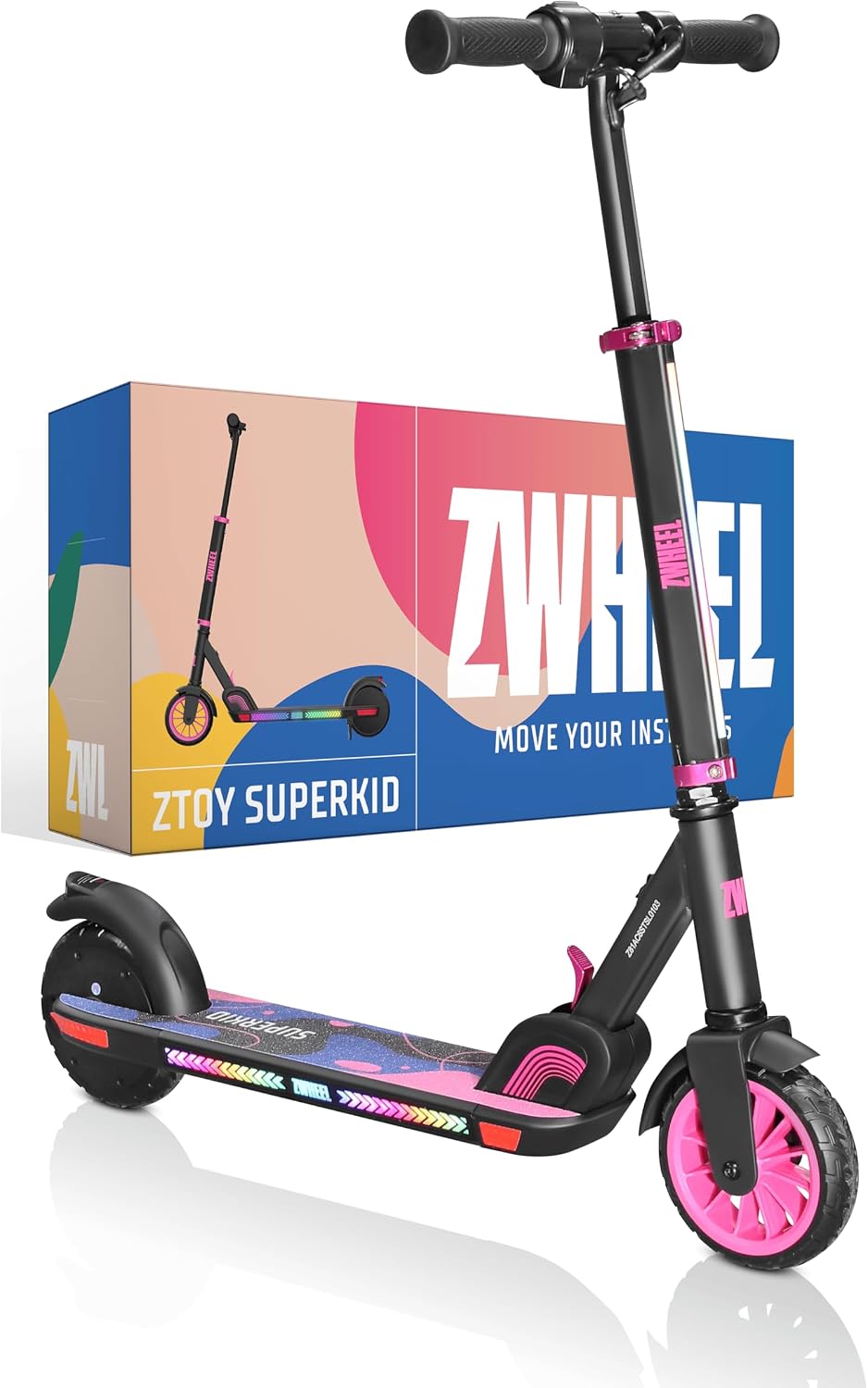 ZWHEEL ZTOY SUPERKID | Patinete Eléctrico para Niños & Niñas - Altura Ajustable - hasta 70kg - 150W, 10km Autonomía, 19km/h, Luces RGB, Doble Freno - Ruedas Antipinchazo