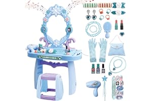 deAO Schminktisch Frisiertisch für Mädchen mit Hocker, Musik & Licht, Princess Schönheitsstudio Frisiersalon Kinderschminke Set, mit Styling-Zubehör Friseur Set für Kinder ab 3 Jahren | Blau